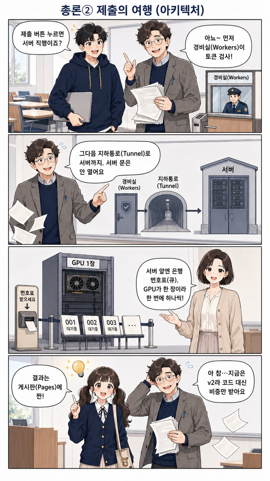 제출 한 건이 게이트웨이·터널·큐를 거쳐 채점되는 경로를 다룬 4컷 만화
