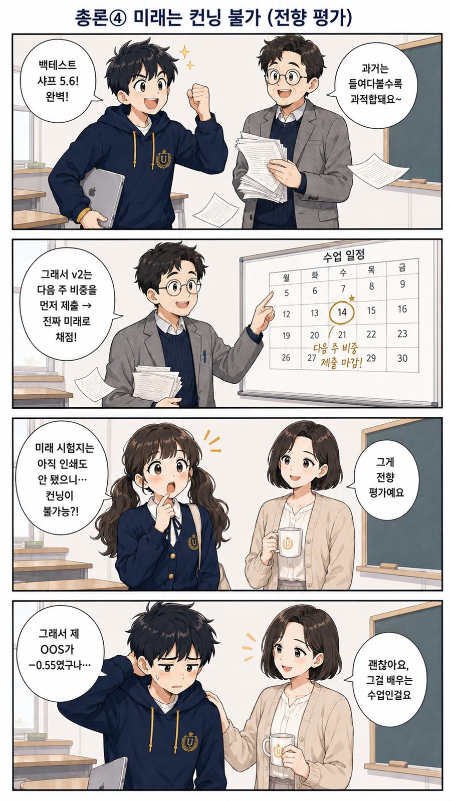 백테스트의 한계와 전향 평가를 다룬 4컷 만화