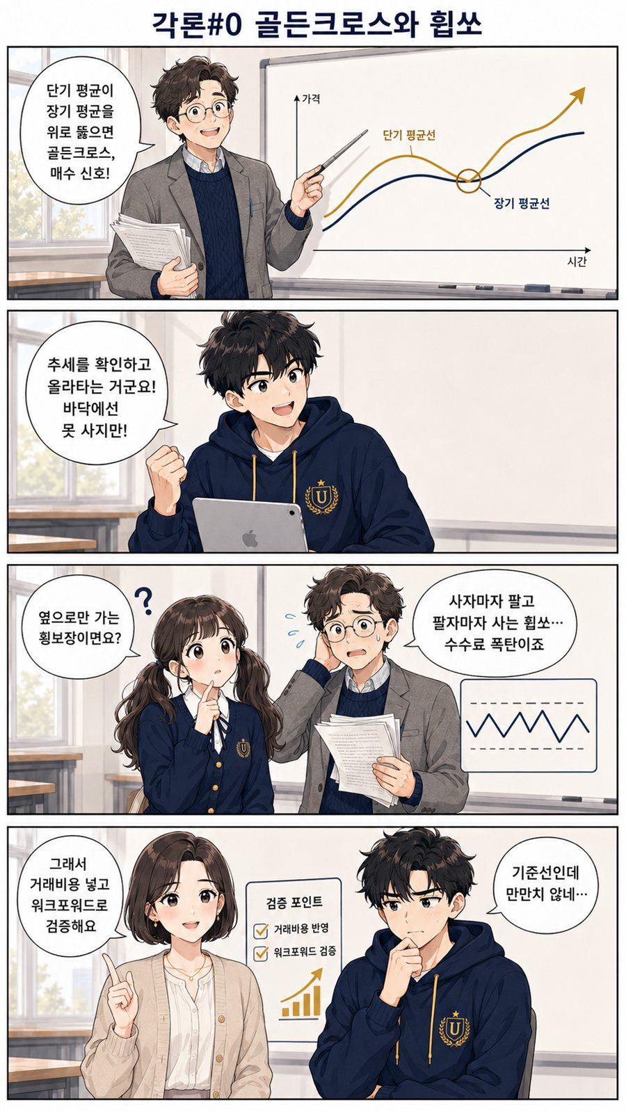 이동평균 교차와 휩쏘를 다룬 4컷 만화