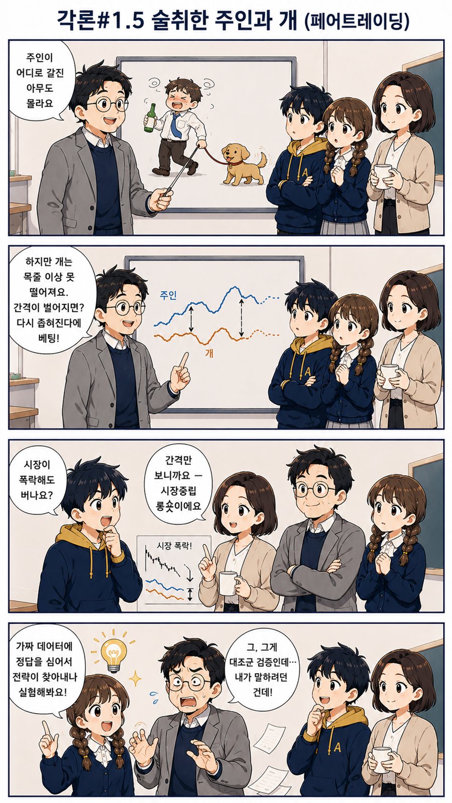 술취한 주인과 개의 비유로 페어트레이딩을 소개하는 4컷 만화