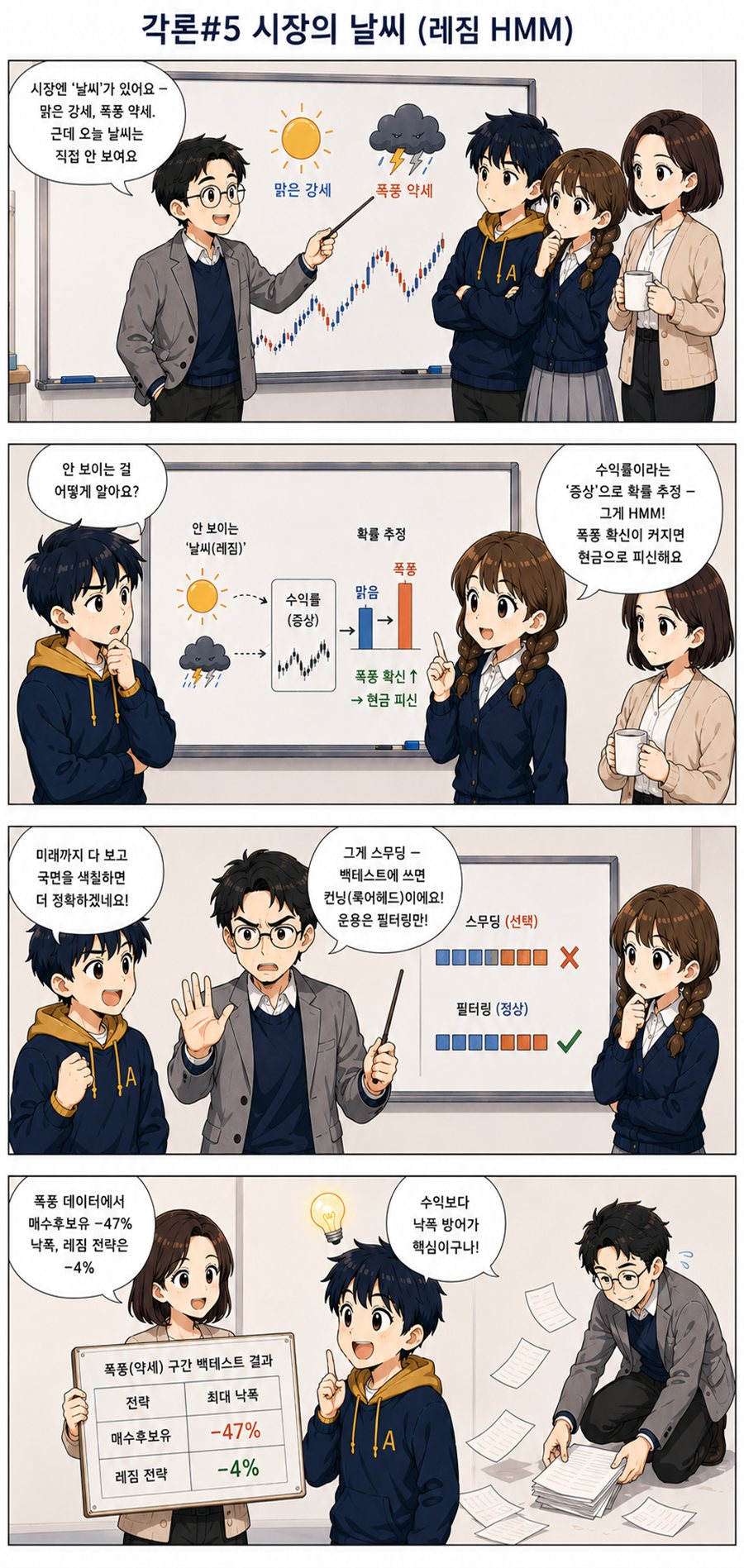 시장의 날씨와 레짐 추론을 다룬 4컷 만화