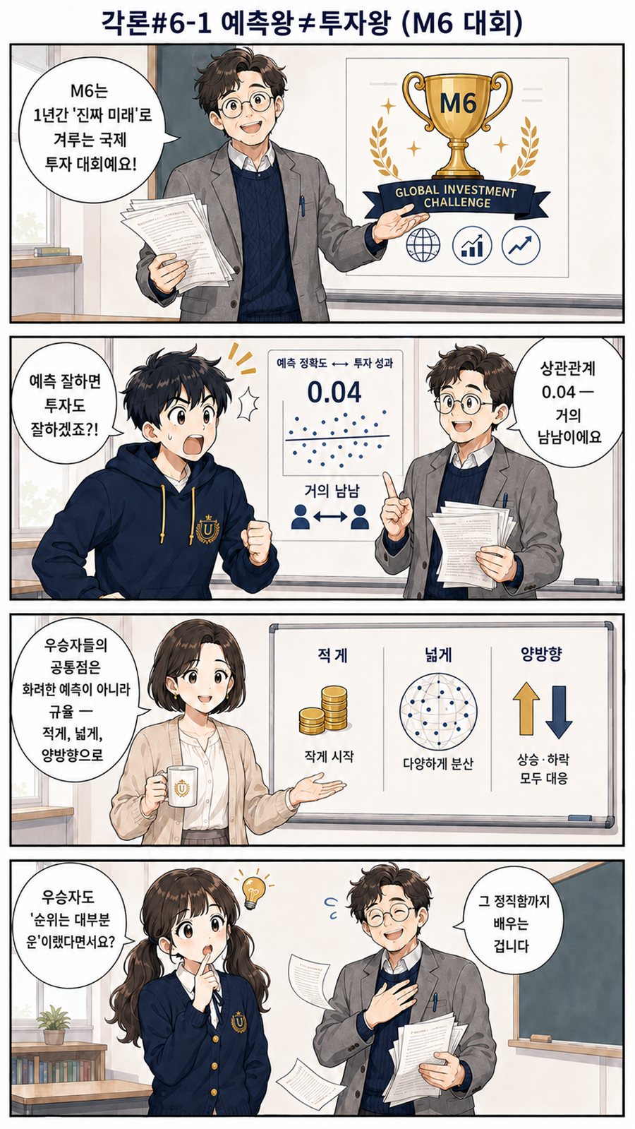 M6 대회의 예측과 투자를 다룬 4컷 만화
